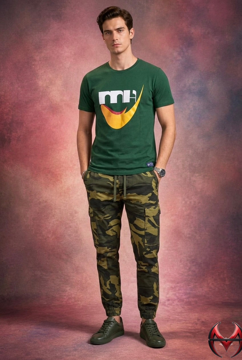 Men’s Signature Graphic Tee & Camo Cargo Jogger Set – Urban Streetwear Collection | Sizes S-30-XL-38 ) MH