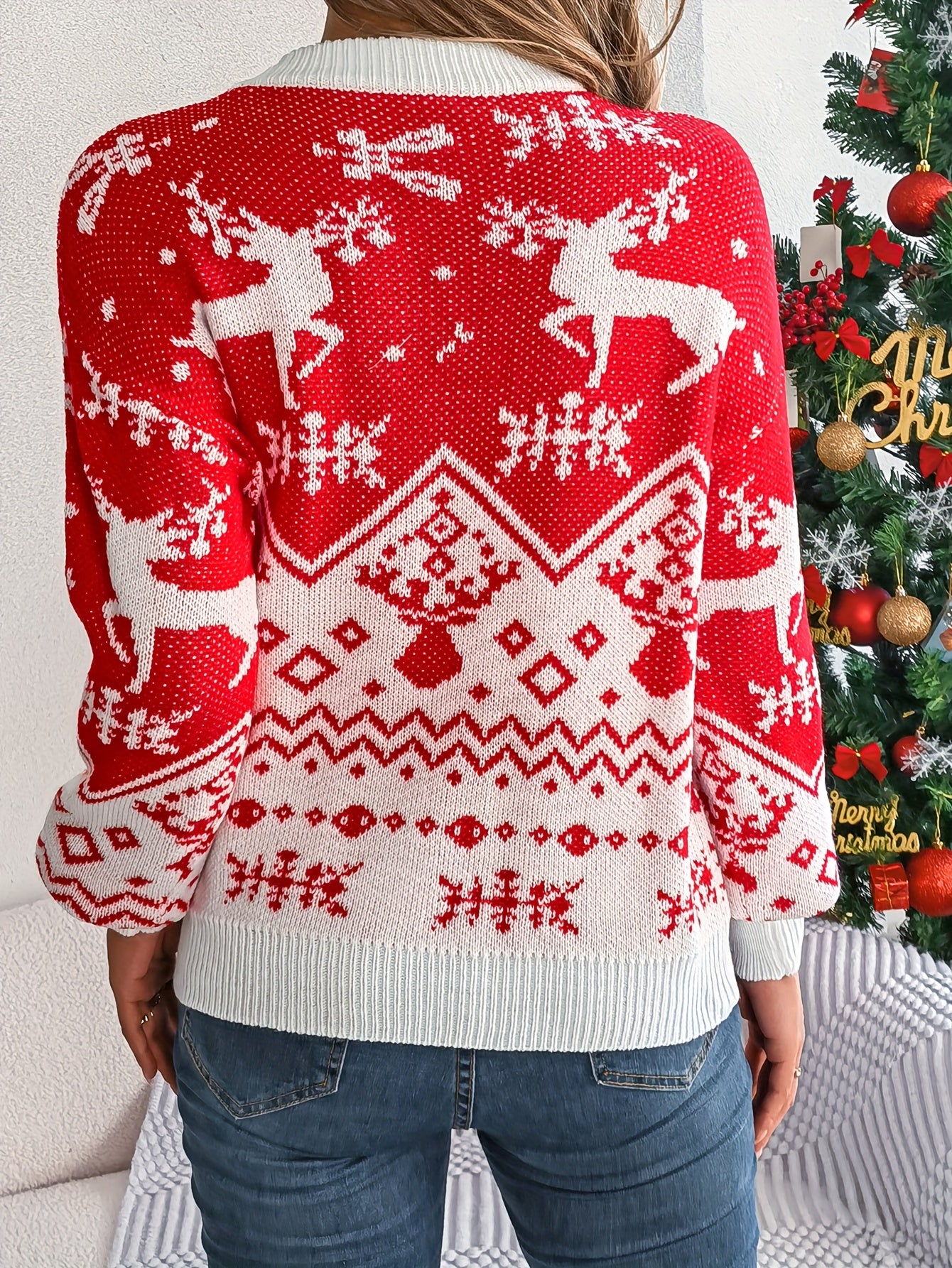 Snowflake Pattern Pullover Sweater, Casual Crew Neck Long Sleeve .