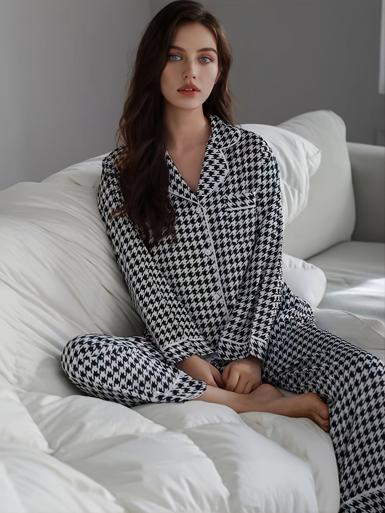 Elegant Classic Houndstooth Print Pajama Set,