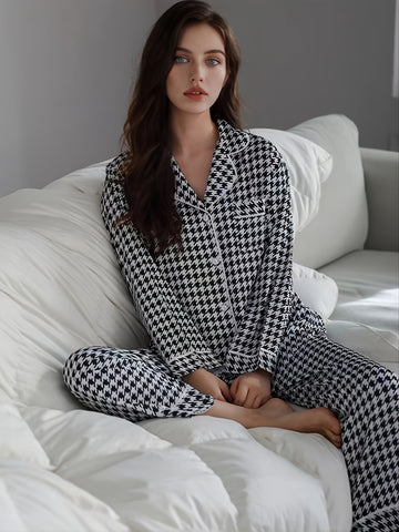 Elegant Classic Houndstooth Print Pajama Set,