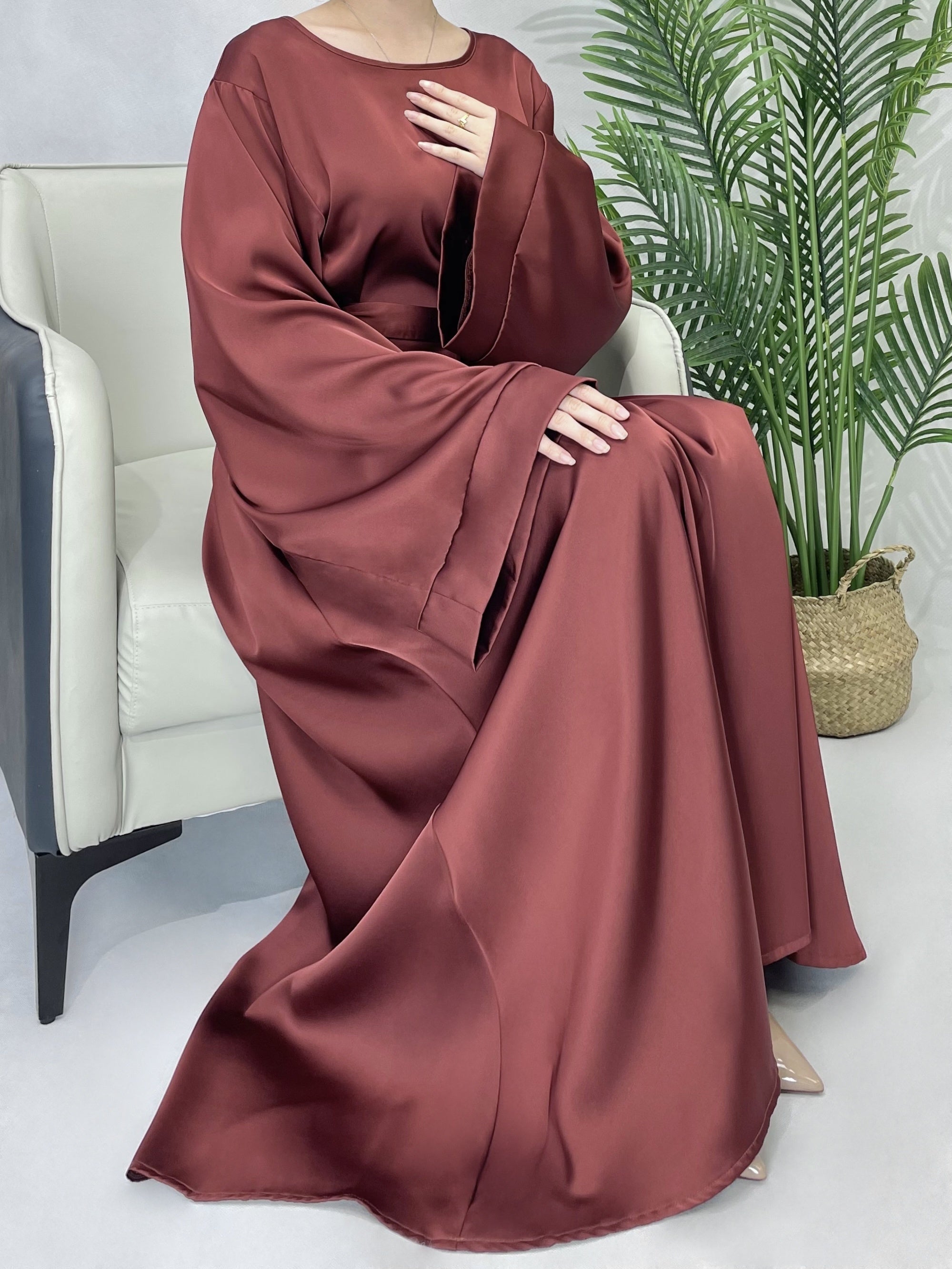 Solid Maxi Kaftan Abaya, Modest Crew Neck Long Sleeve ./MH