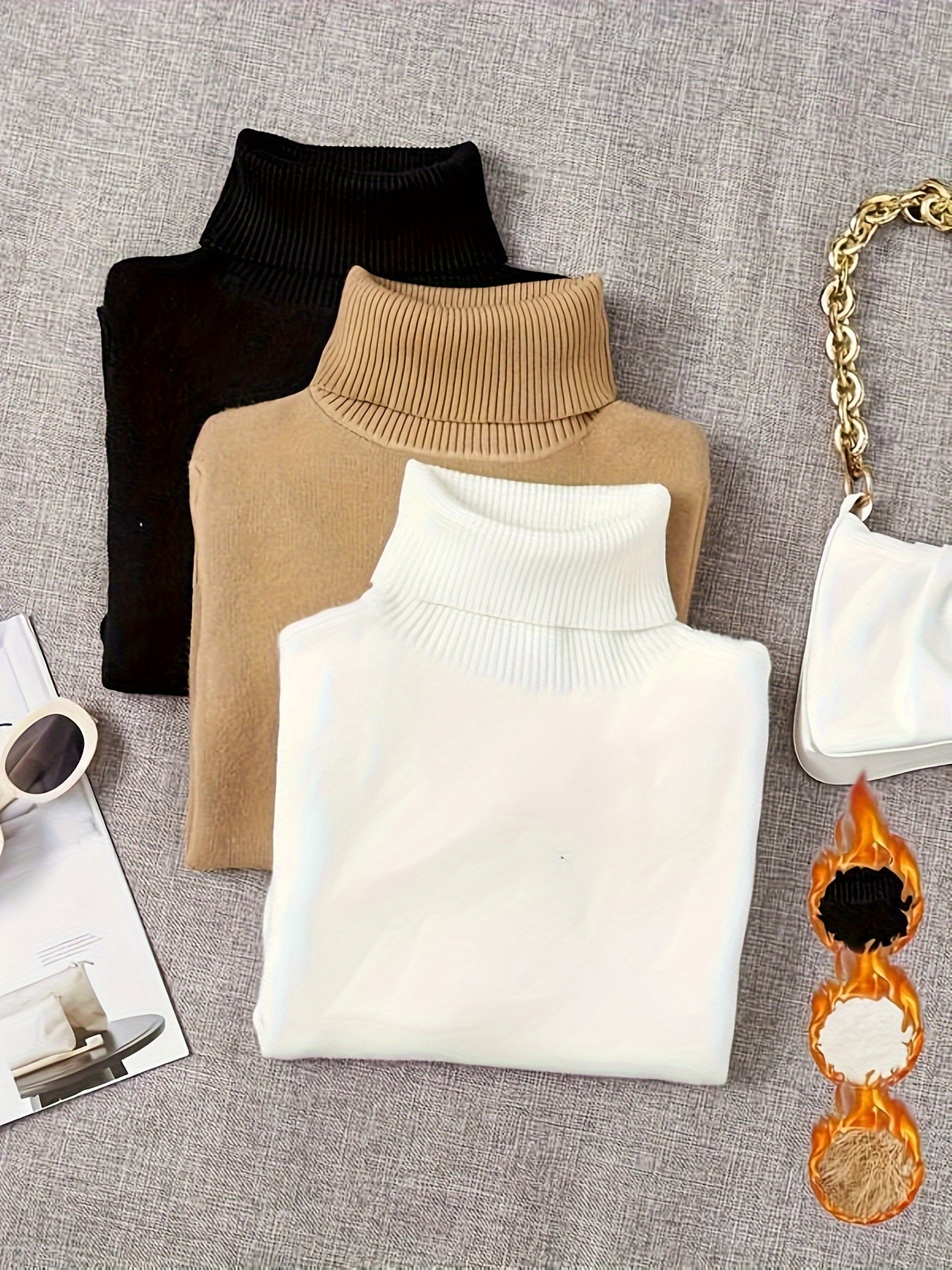 3pcs Turtleneck Solid Sweater, Casual Long Sleeve Sweater .