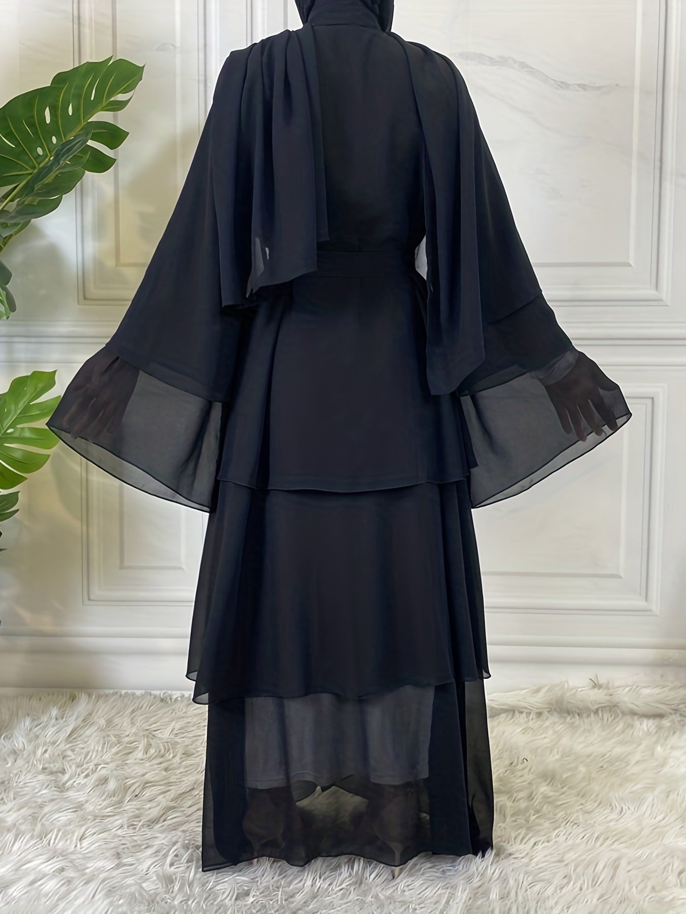 Layered Open Front Modest Dress, Long Sleeve Muslim Dress'/MH