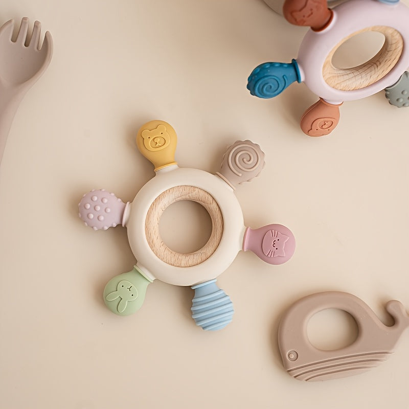 1pc Silicone Baby Teether, Rudder Shape Wooden Teether Ring, Touch Training BPA Free Newborn Chew Toy, Children's Dental Care Teething Toy, Halloween, Thanksgiving And Christmas Gift