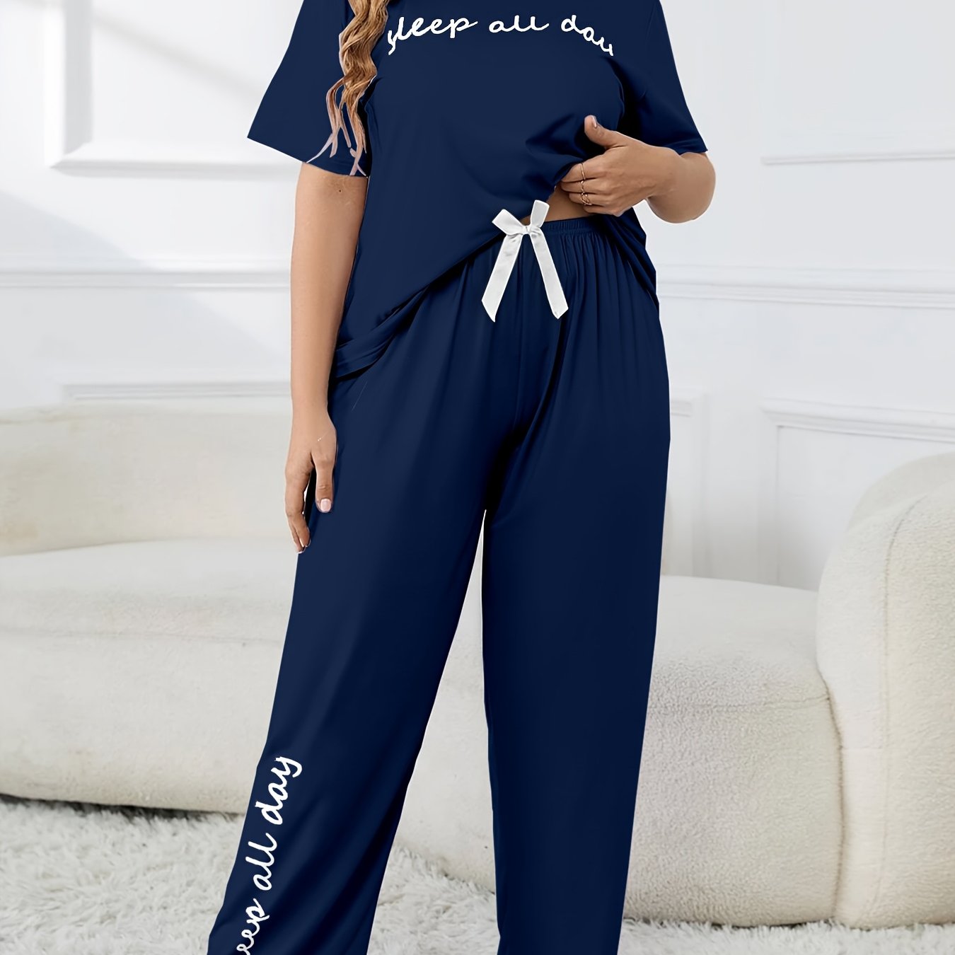 Plus Size Women's Cute Pajama Set, Plus Size Letter Print Short Sleeve Top and Pants Casual 2pcs, Plus Size Pajama Sets