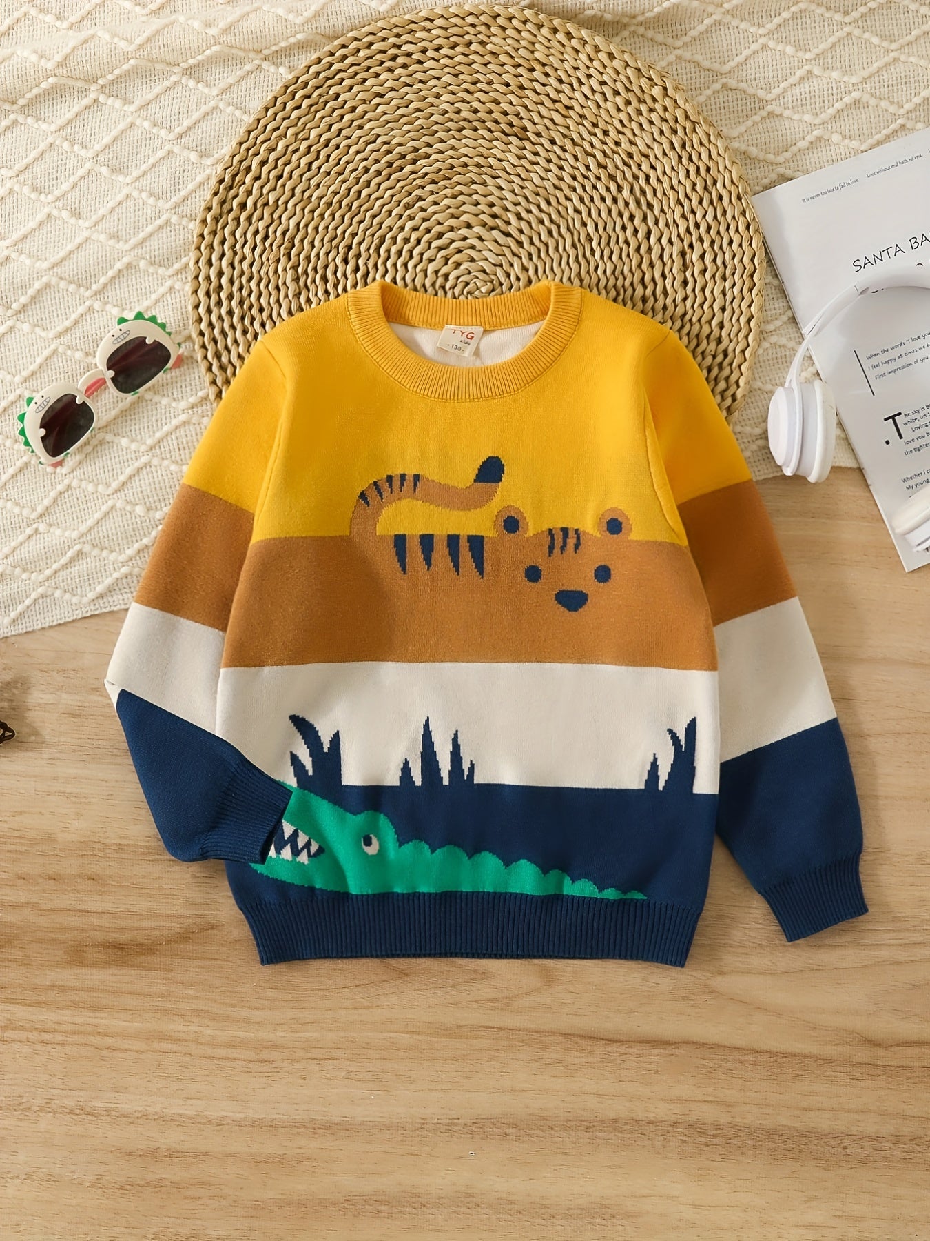 Boys Color Block Cartoon Tiger And Crocodile Pattern Sweater