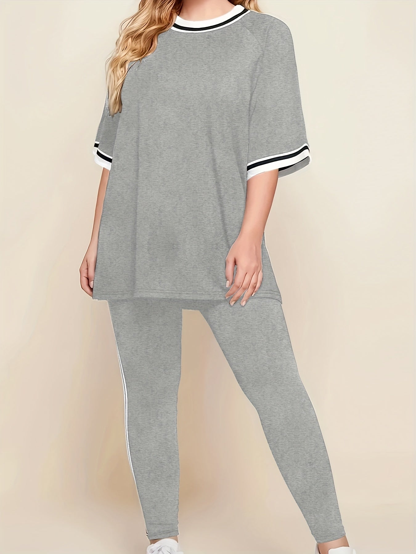 Women'S Plus Size Casual Lounge Set - Gray & White