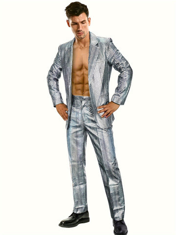 Chic Plaid Pattern Shiny Blazer, Men's Casual Two Button.