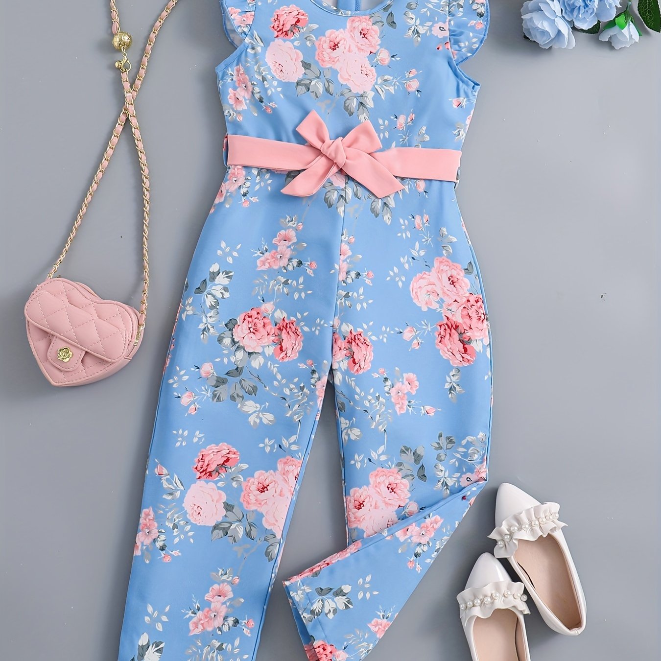 Toddler Girls Flowers Graphic Flutter Sleeve Belted Rompers Wide.