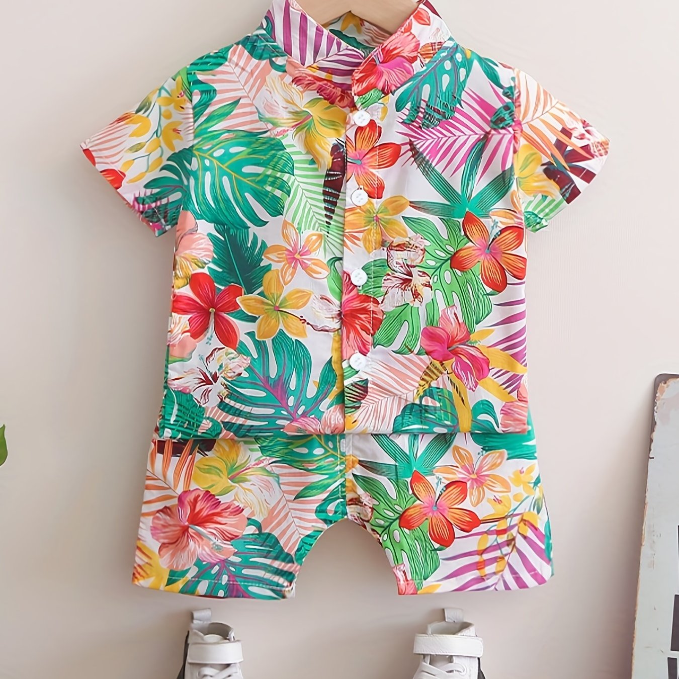 Boys Leaf And Flower Print Casual Outfit Short Sleeves .
