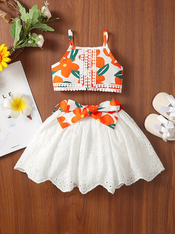 2pcs Baby Girls Cute Floral Graphic Print Camisole Top & Eyelet Belted Skirt Set Clothes