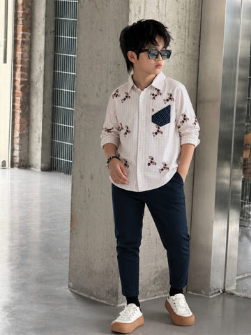 Boys Cream Grid Check Floral Scatter Print Shirt | Navy Polka Dot Contrast Pocket & Collar | Ages 3–14 Years | MH