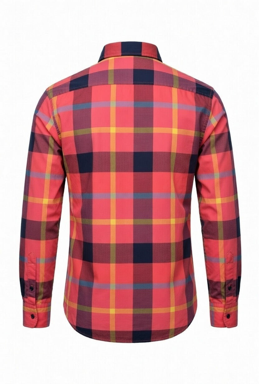 Men’s Coral Red Multicolour Plaid Slim Fit Shirt | Red Navy Yellow Check Long Sleeve | Sizes S–XL | MH
