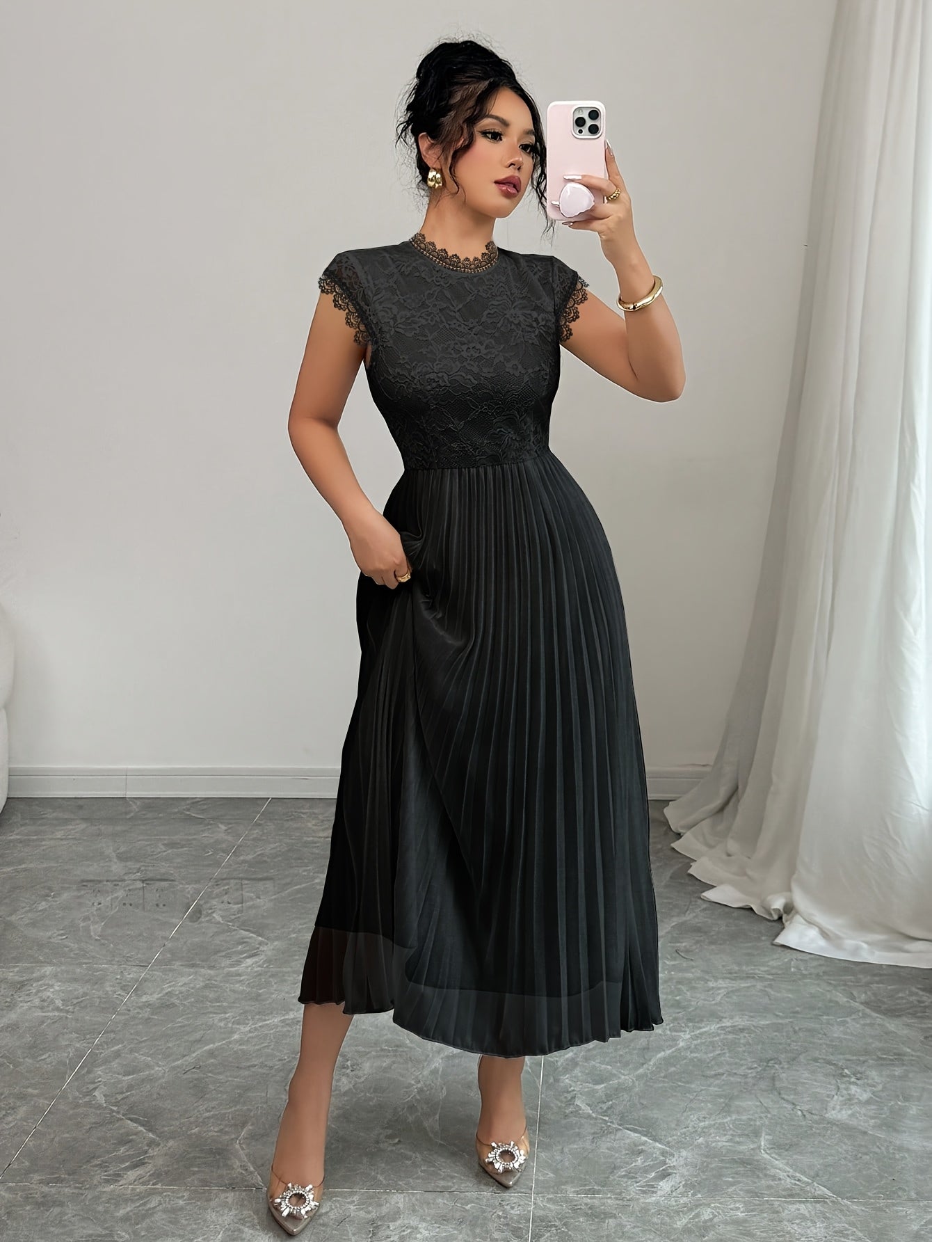 Women'S Elegant Black Floral Lace-Trimmed Pleated Maxi Dress -/MH