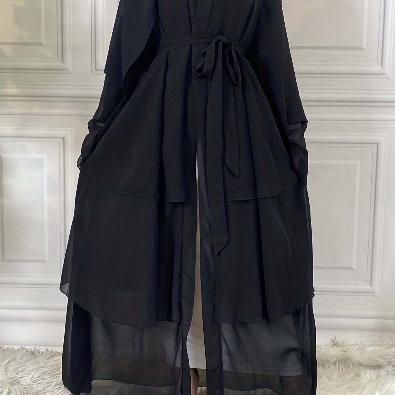 Layered Open Front Modest Dress, Long Sleeve Muslim Dress'/MH