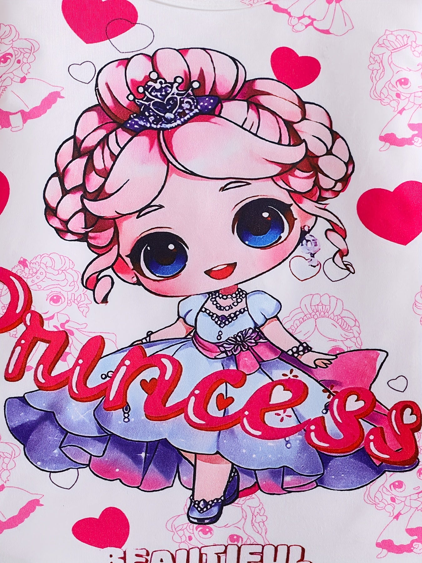 Girls' 2-Piece Pajama Set, Fashionable Princess Heart Print, Long Sleeves .