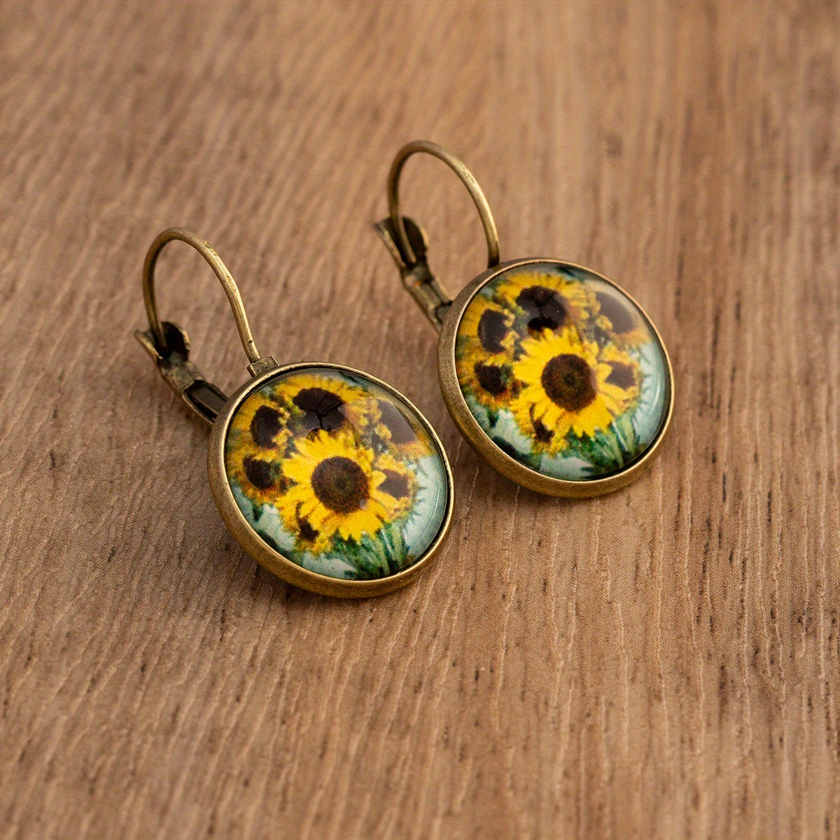 Rose Sunflower Print Retro Round Earrings Copper Jewelry Female Trendy Gift Daily Wear Accessories