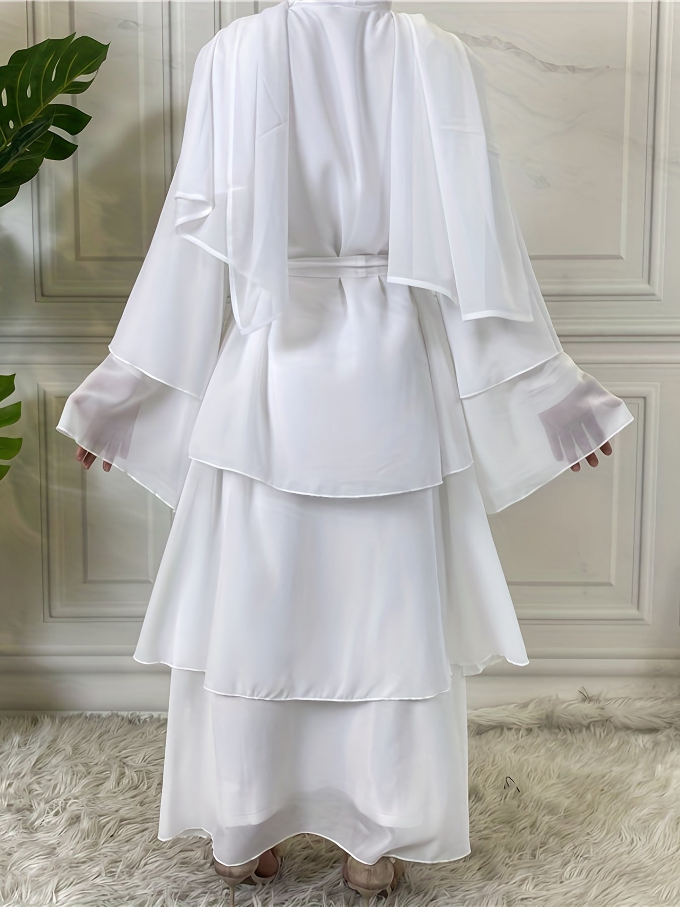Layered Open Front Modest Dress, Long Sleeve Muslim Dress'/MH