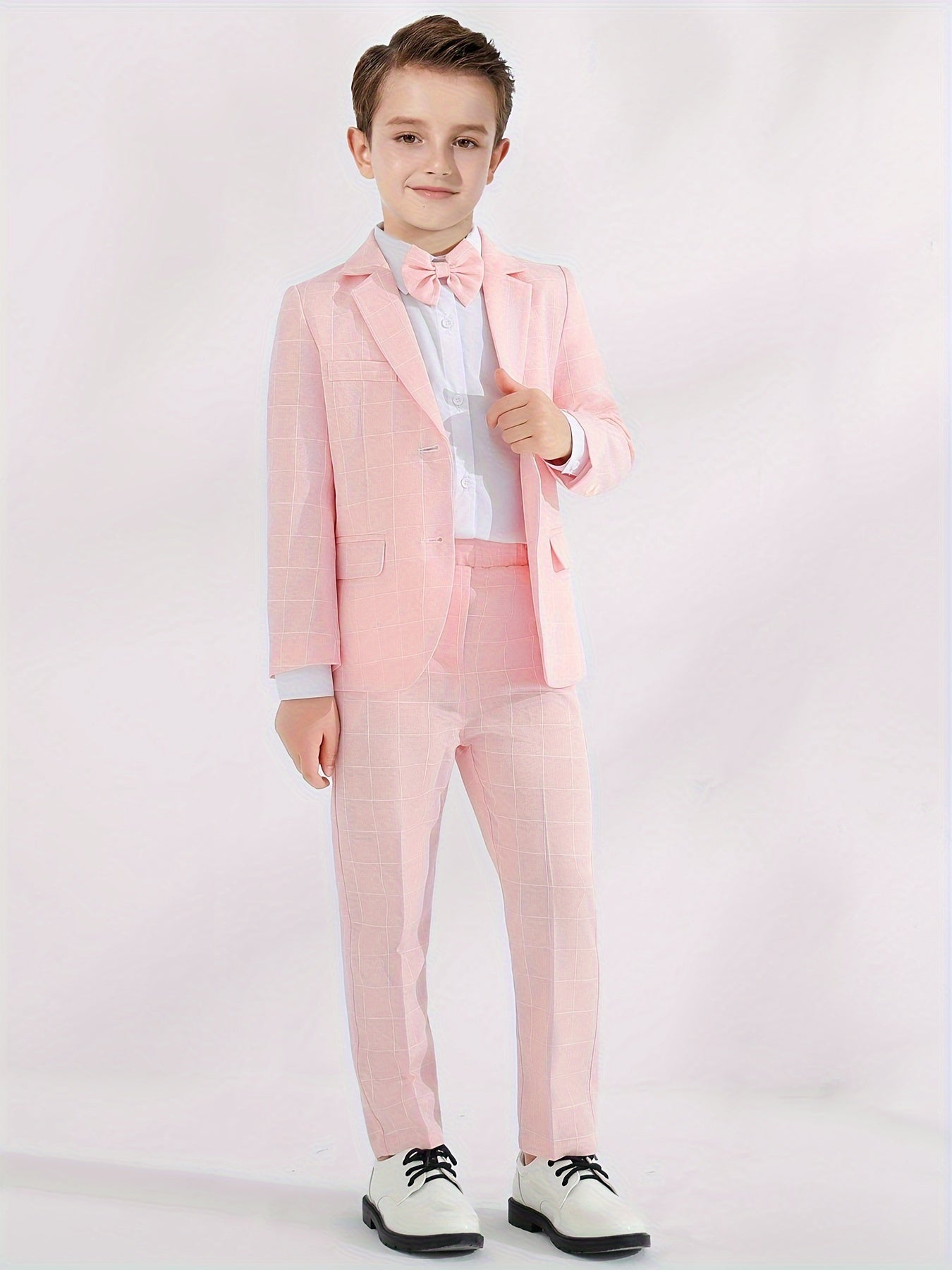 3pcs Boys Formal Plaid Gentleman Outfits, Long Sleeve Blazer.