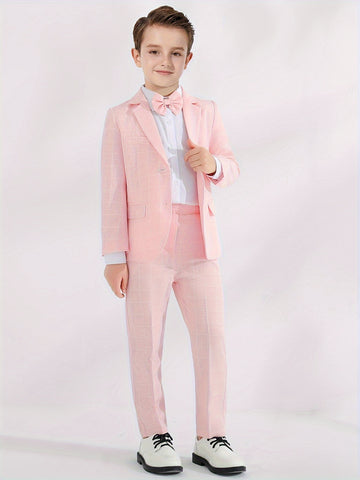 3pcs Boys Formal Plaid Gentleman Outfits, Long Sleeve Blazer.