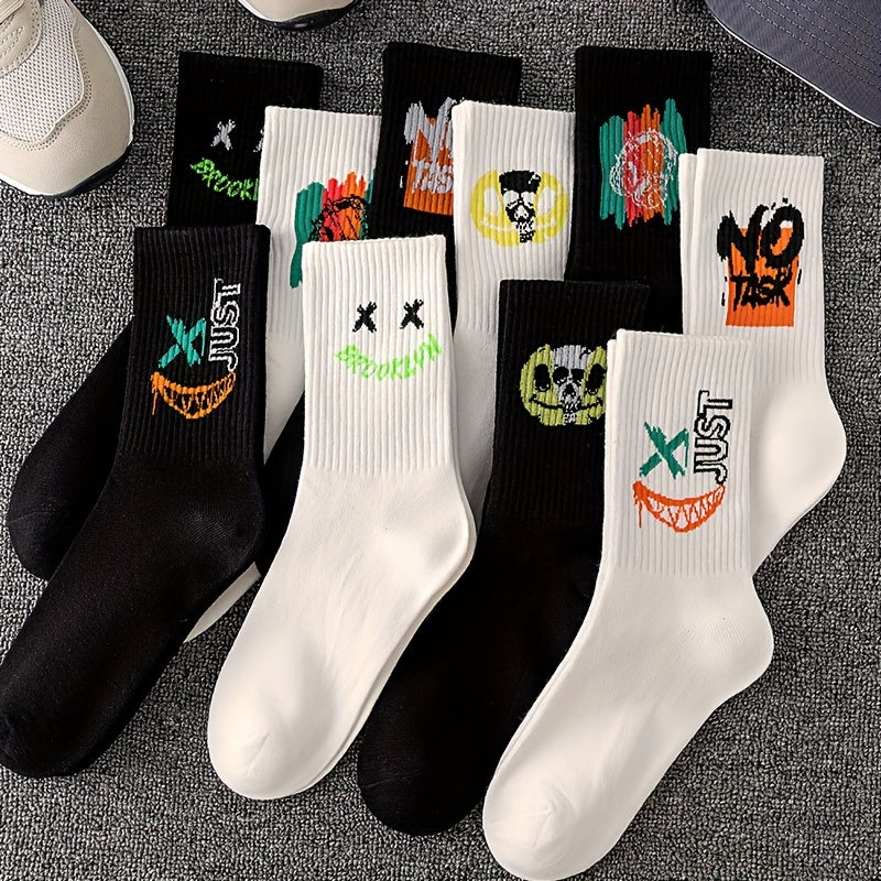 10 Pairs Graffiti Print Socks, Street Style Soft Unisex Mid Tube Socks./MH