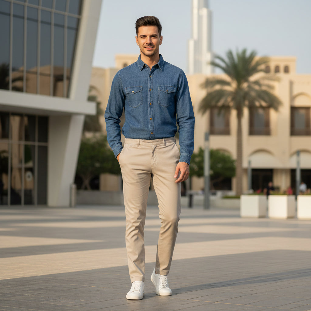 Men’s Blue Denim Button-Up Shirt Long Sleeve Relaxed Fit | Sizes S-XL | MH