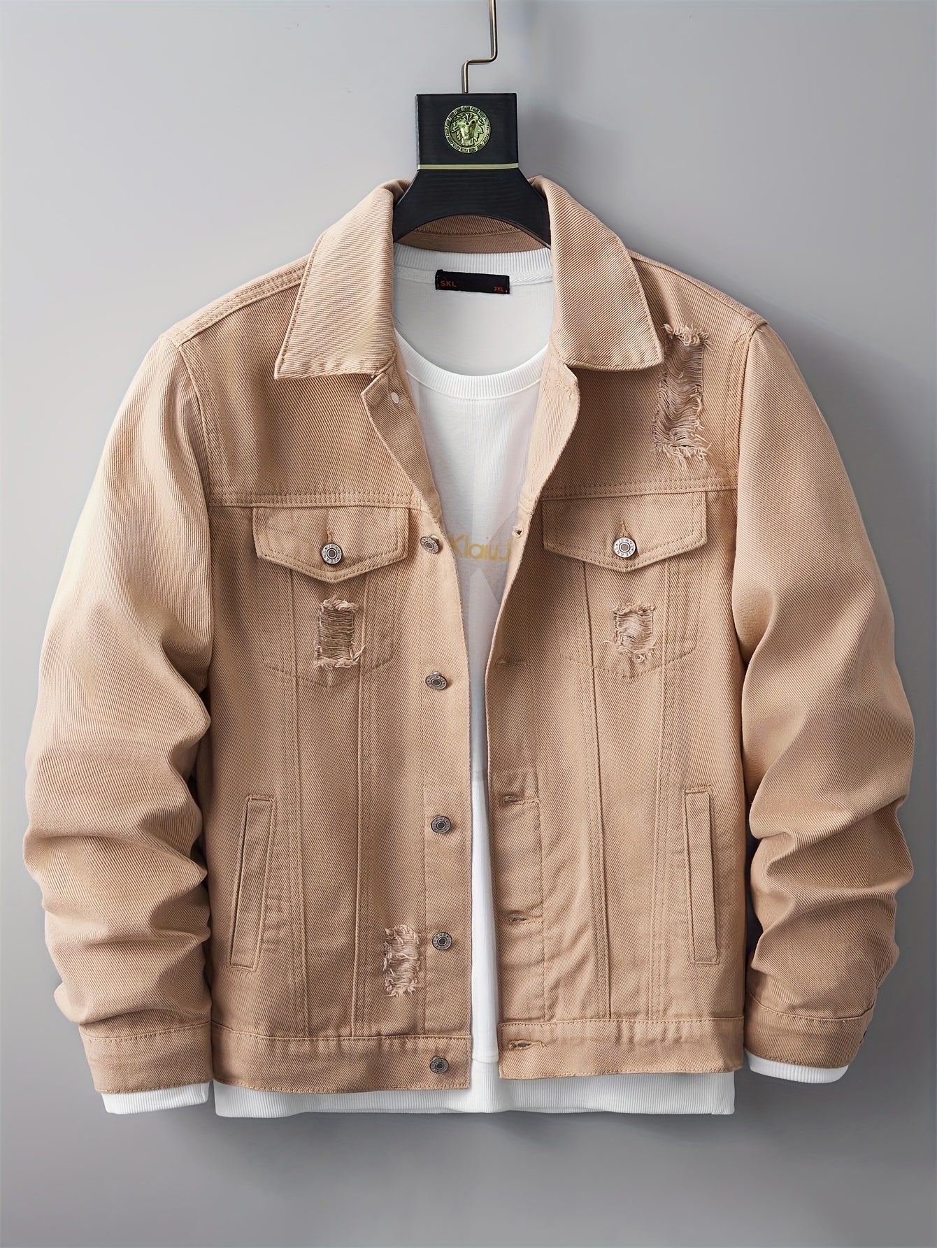 Distressed Ripped Denim Jacket for Men - Stylish Collar,