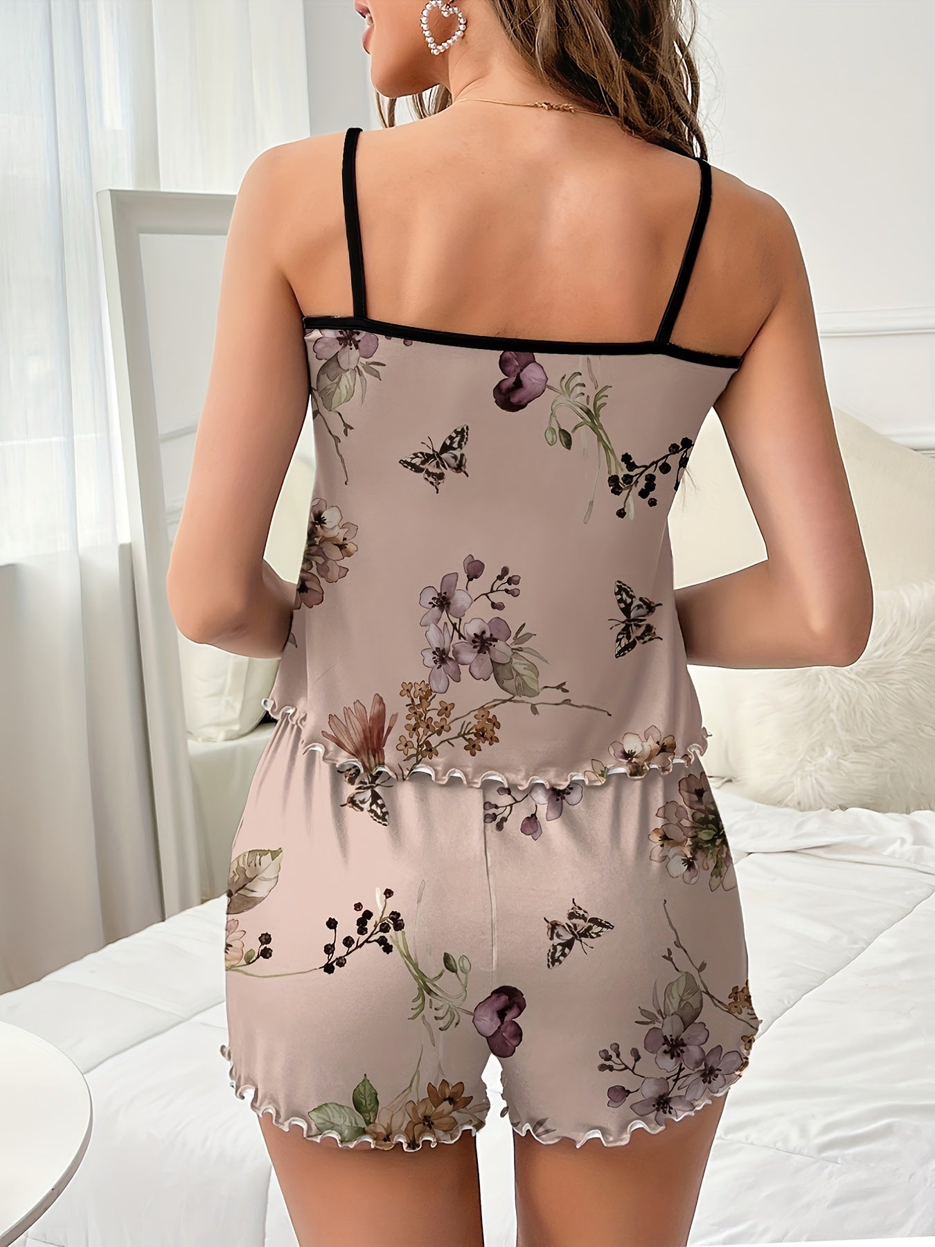 Floral Print Pajama Set, Crew Neck Cami Top & Lettuce Trim Shorts,