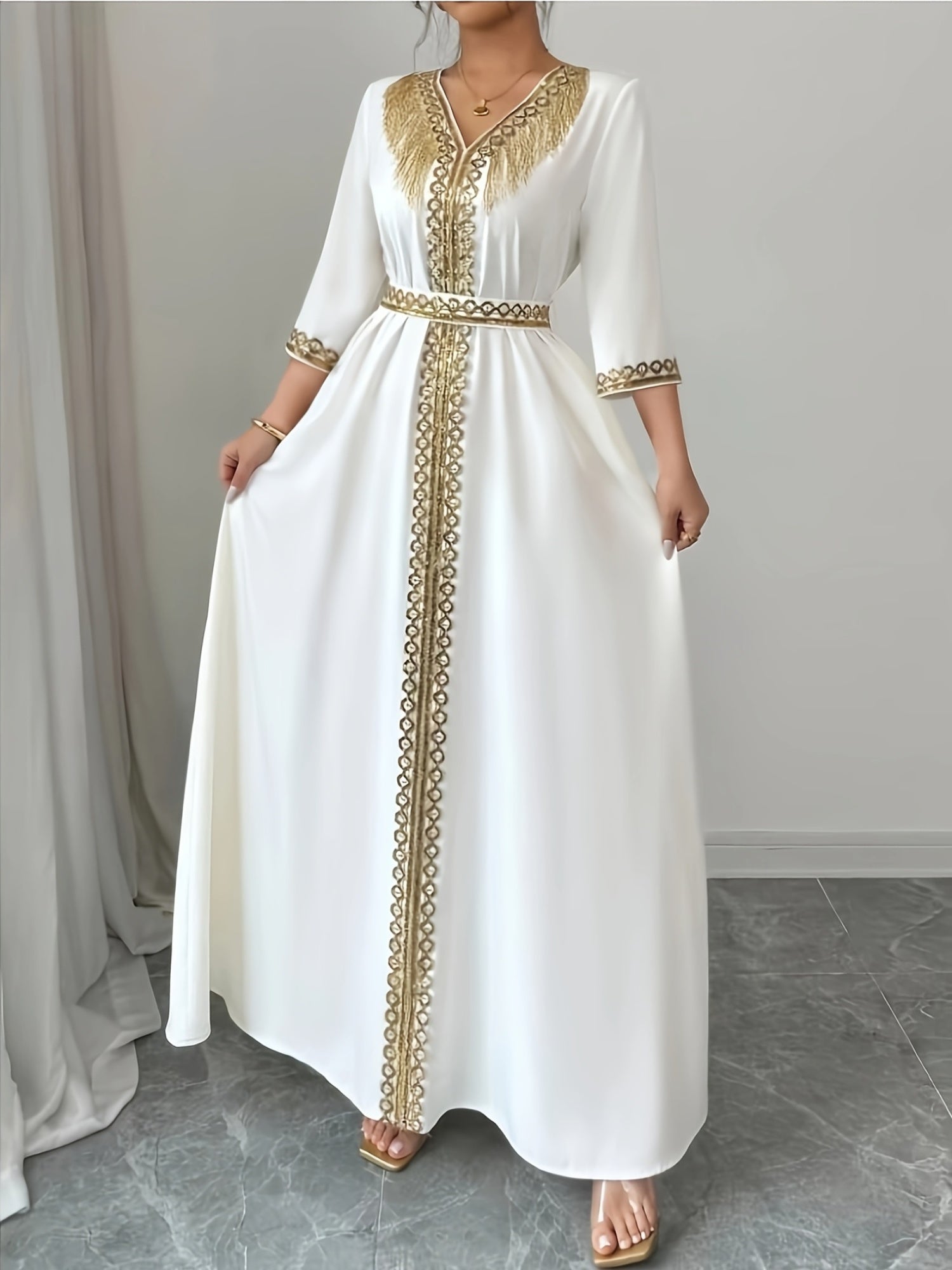 Elegant White V-Neck Maxi Dress with Golden Accents./MH