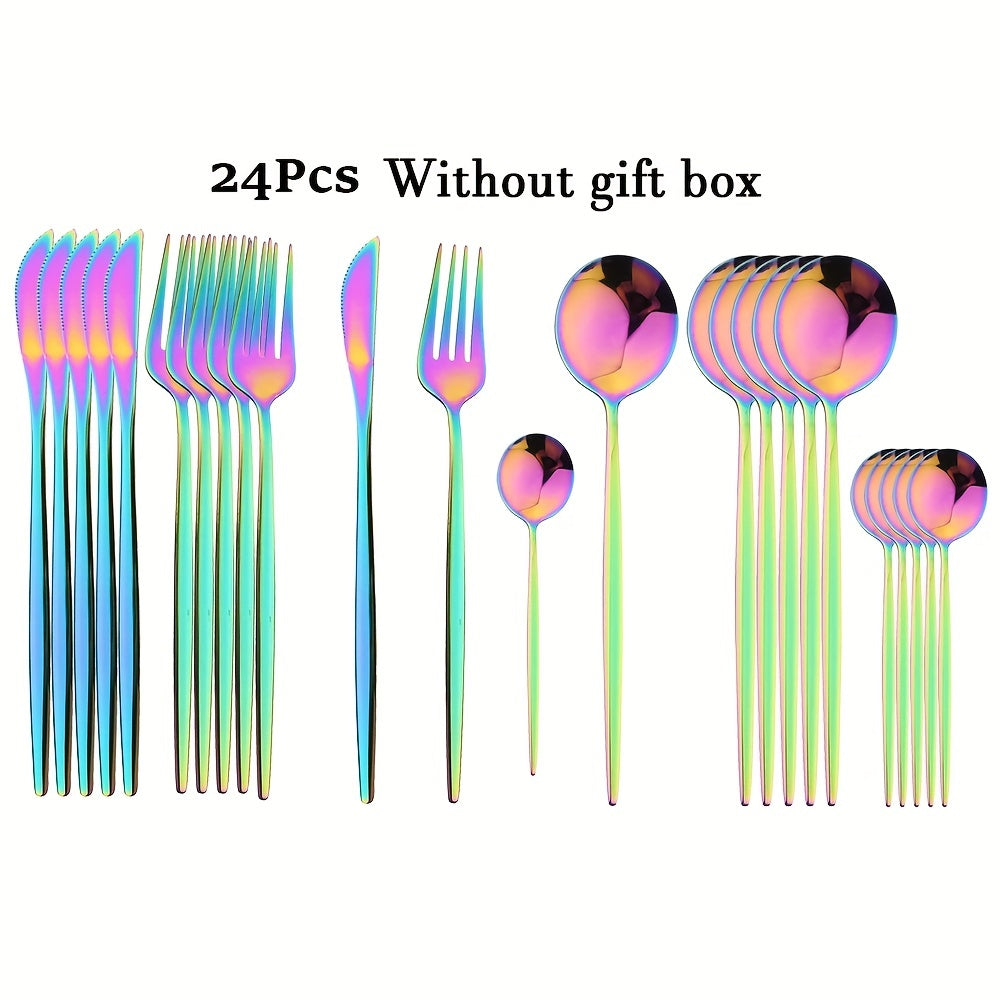 24-Piece Luxury Black Handle Golden Cutlery Set - High-Quality Stainless Steel Knife, Fork, and Spoon Tableware Flatware Set for Festival, Kitchen, and Dinnerware - Ideal Gift for Friends and Family