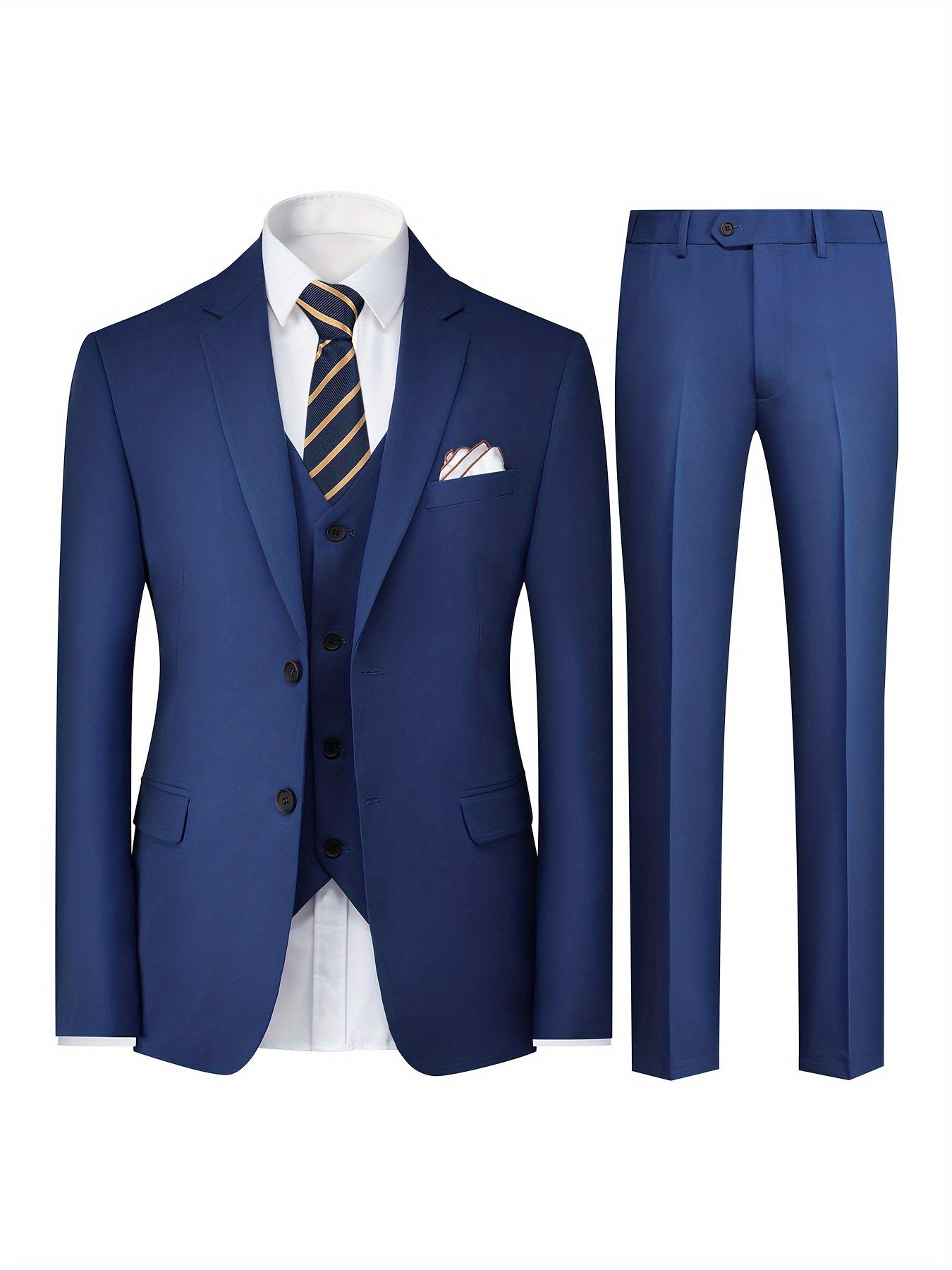 3-Piece Men's Solid Color Suit Set, Blazer Jacket + Vest + Pants,