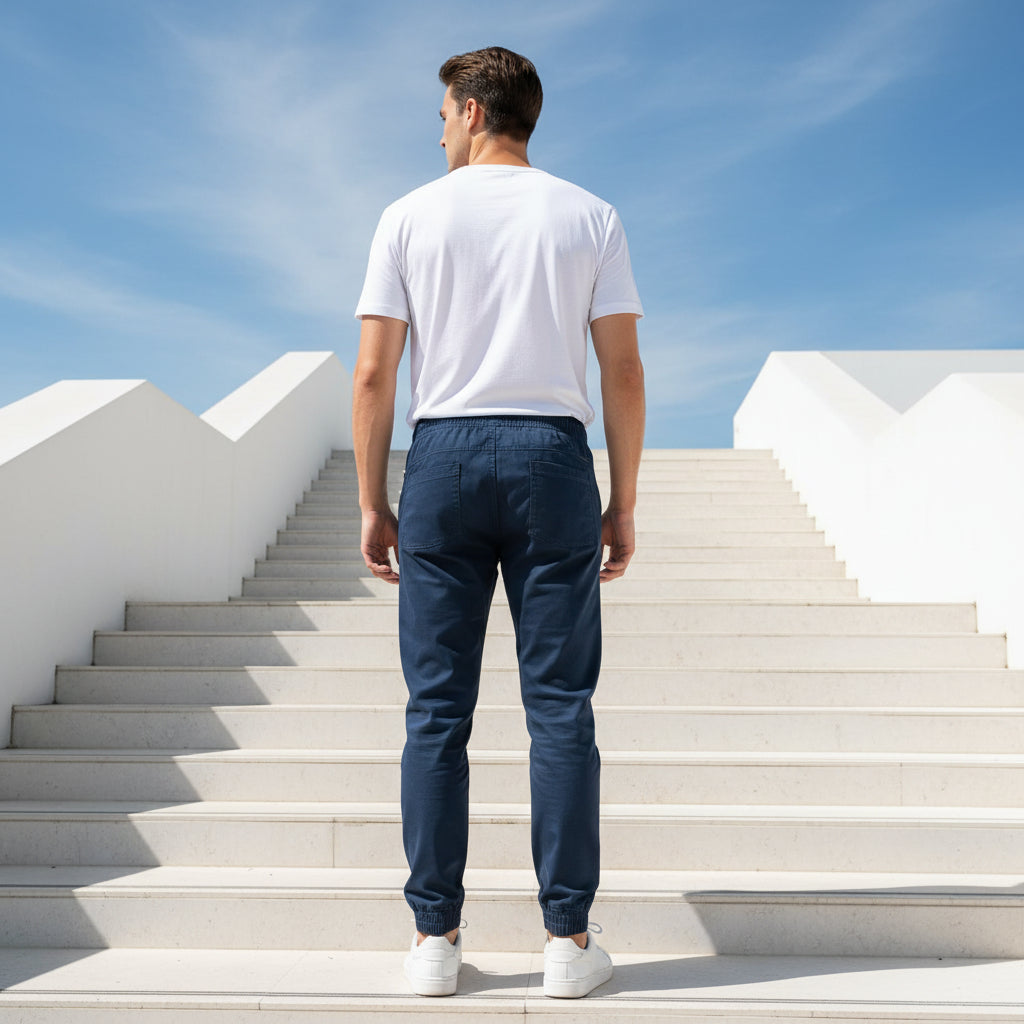 Young Men’s Navy Blue Joggers 17-24 Years | Casual Cotton Pants with Elastic Waist & Cuffs | MH