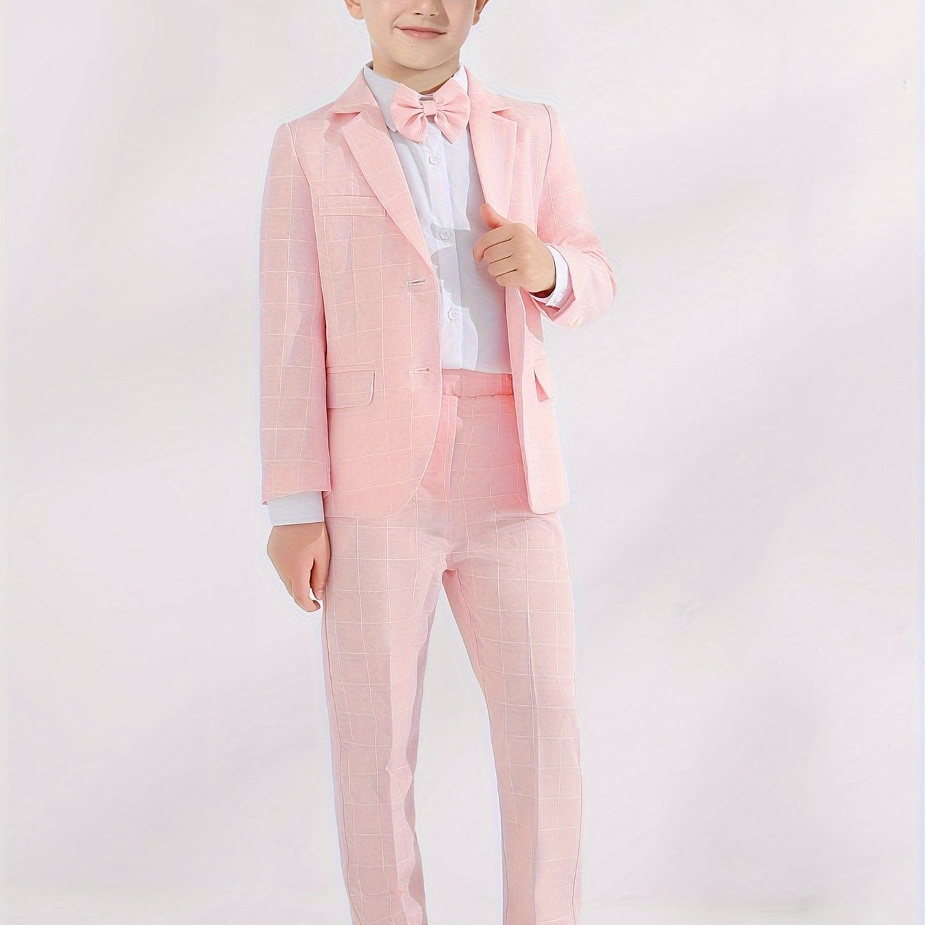 3pcs Boys Formal Plaid Gentleman Outfits, Long Sleeve Blazer.