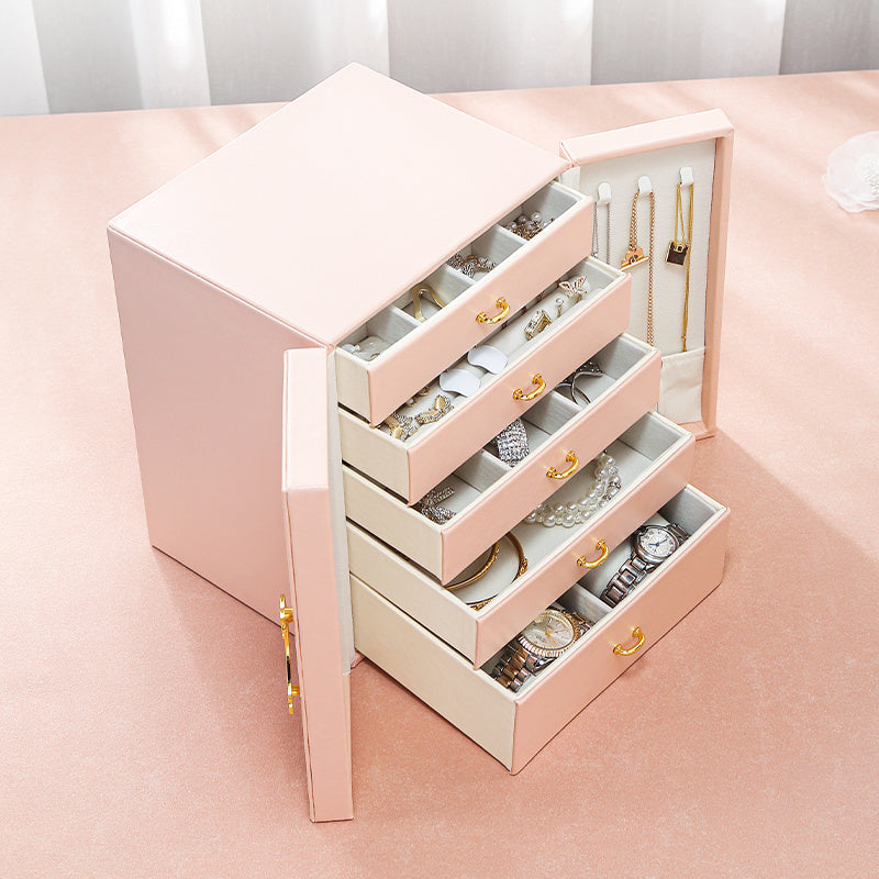 1 Large Faux Leather Jewelry Organizer Box with 5 Drawers .