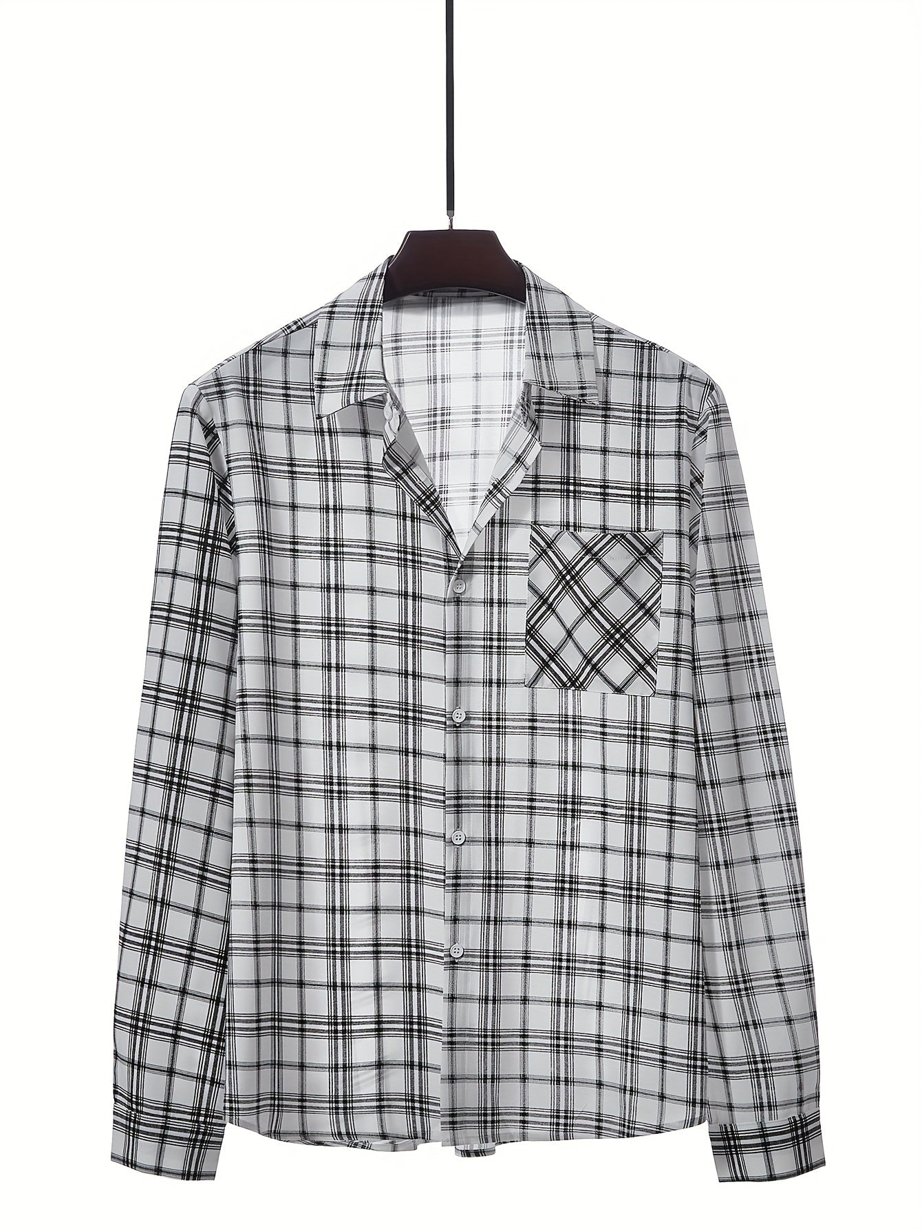 Men's Plaid Pattern Print Lapel Collar Dress Shirts With Chest Pocket,
