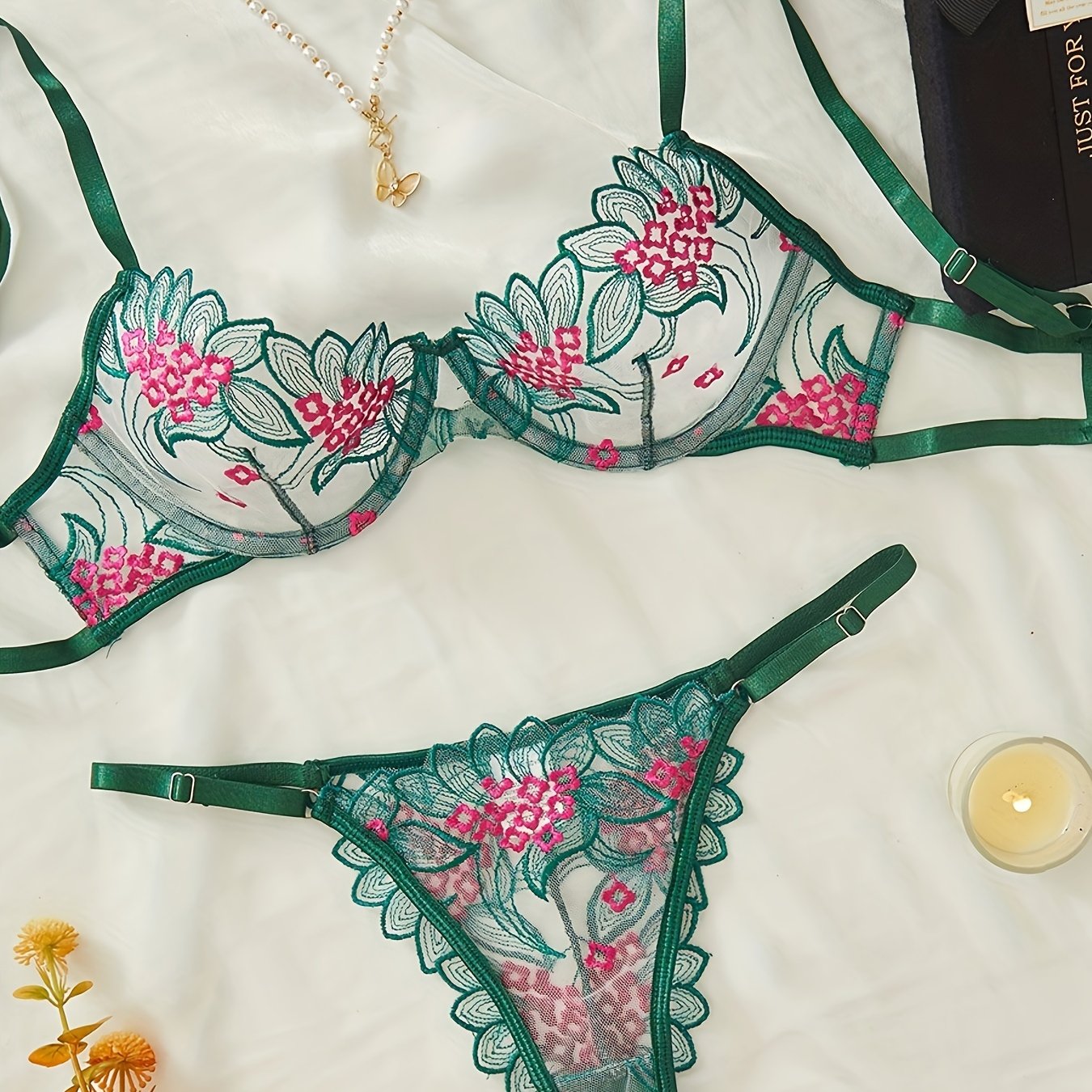 Elegant Lingerie Set, Floral Embroidery Mesh Cami Bra & Panties, /MH