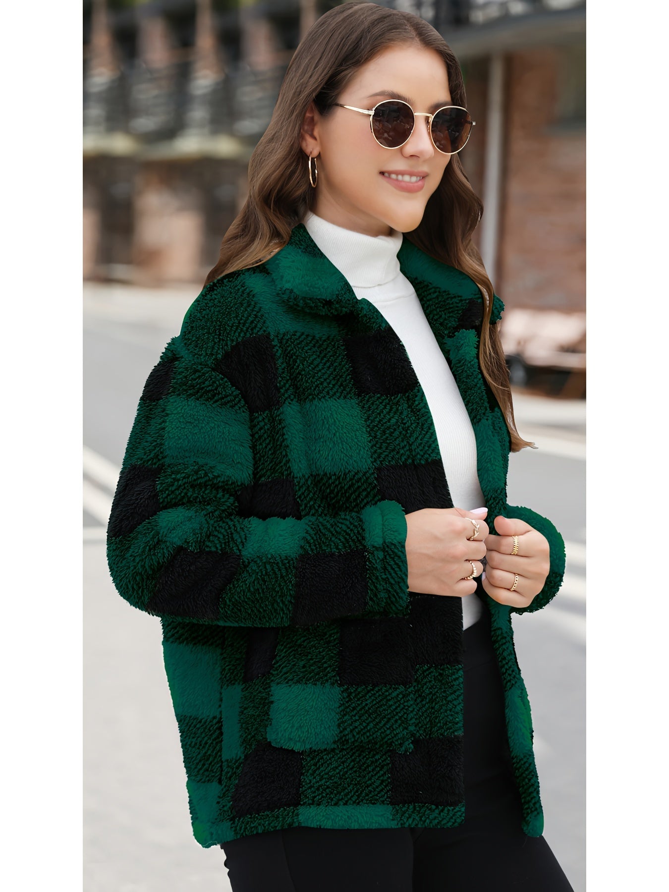 Long Sleeve Plaid Print Teddy Coat with Patched Pockets - Soft, Warm,