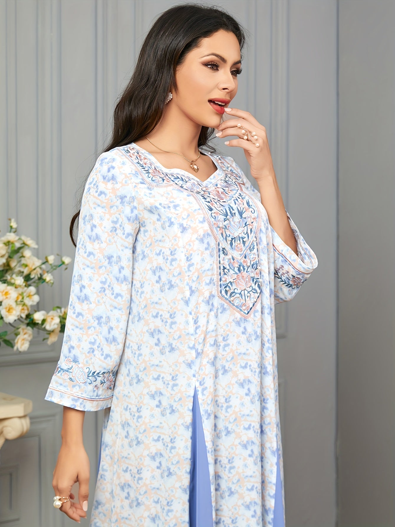 Contrast Stitching Crew Neck Kaftan, Elegant Long Sleeve '/MH