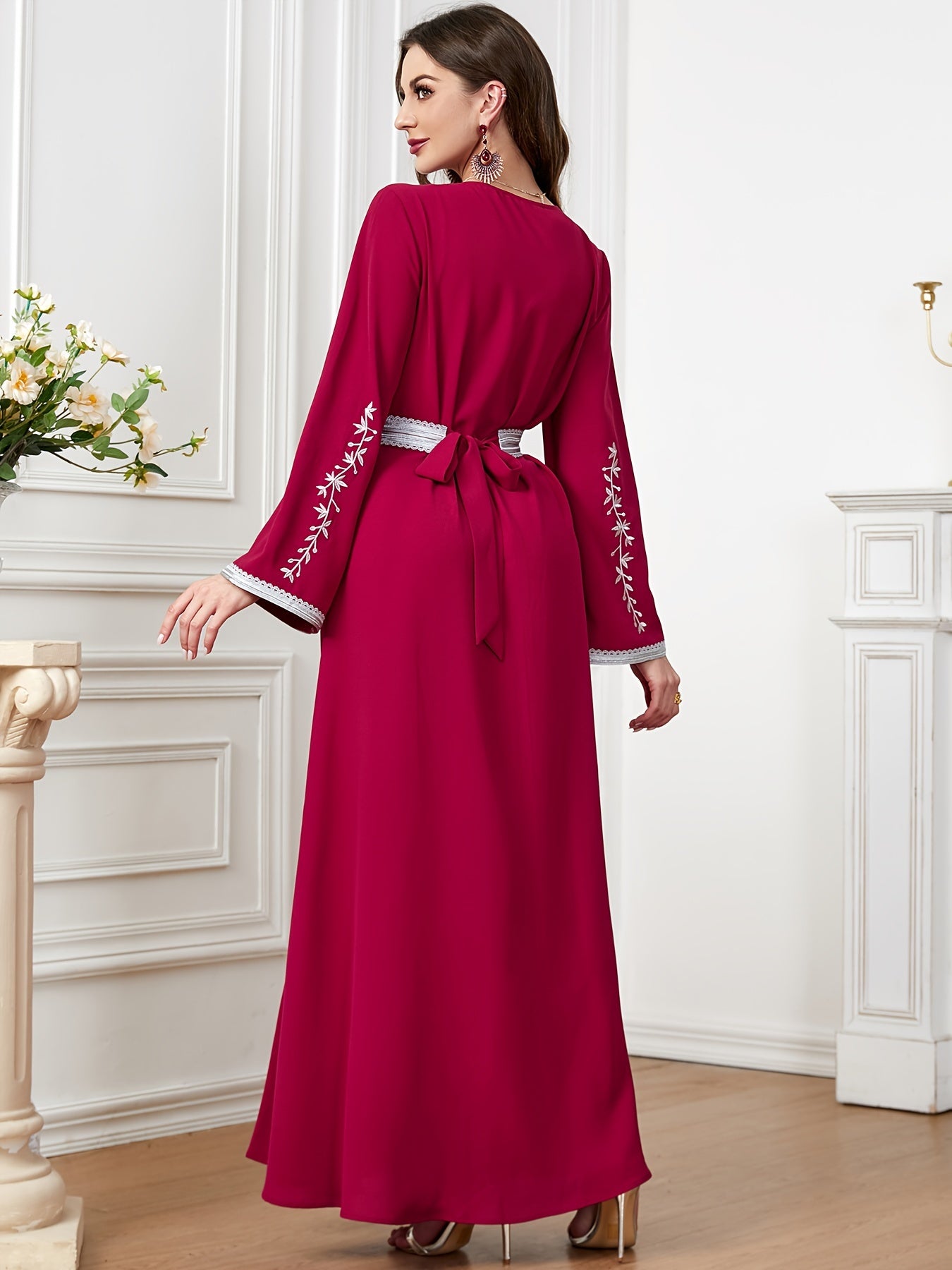 Floral Pattern Kaftan Dress, Elegant V Neck '/MH