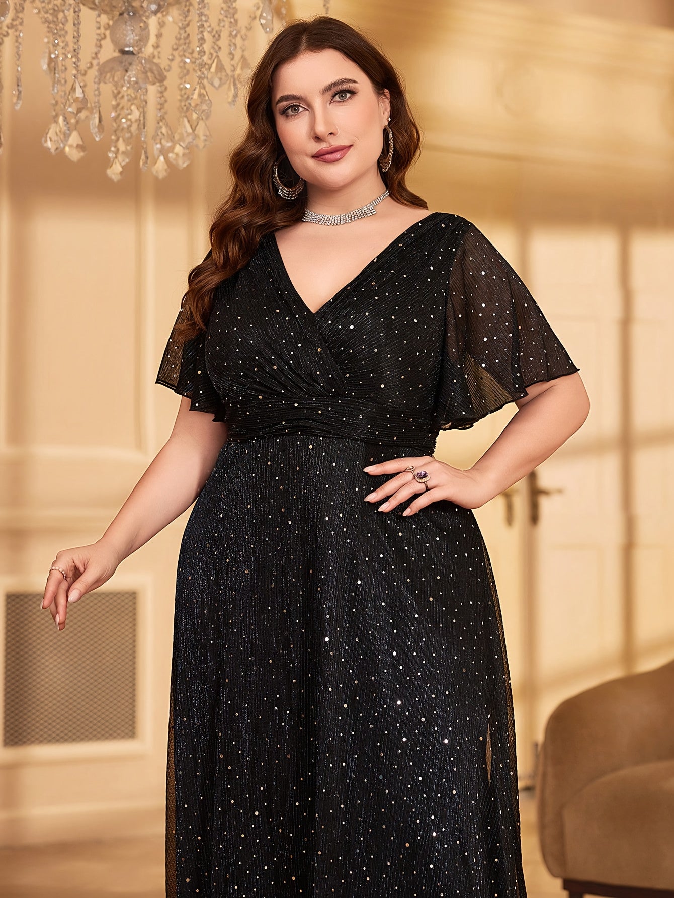 Elegant Long Party Evening Dress with a V-Neck, Ruffled Sleeves, /MH