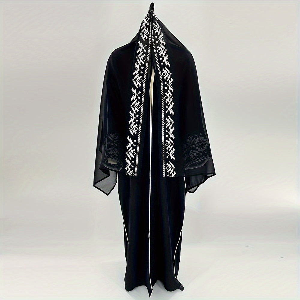 Women's New Abaya: Long, Black, Polyester, with White Floral Embroidery./MH