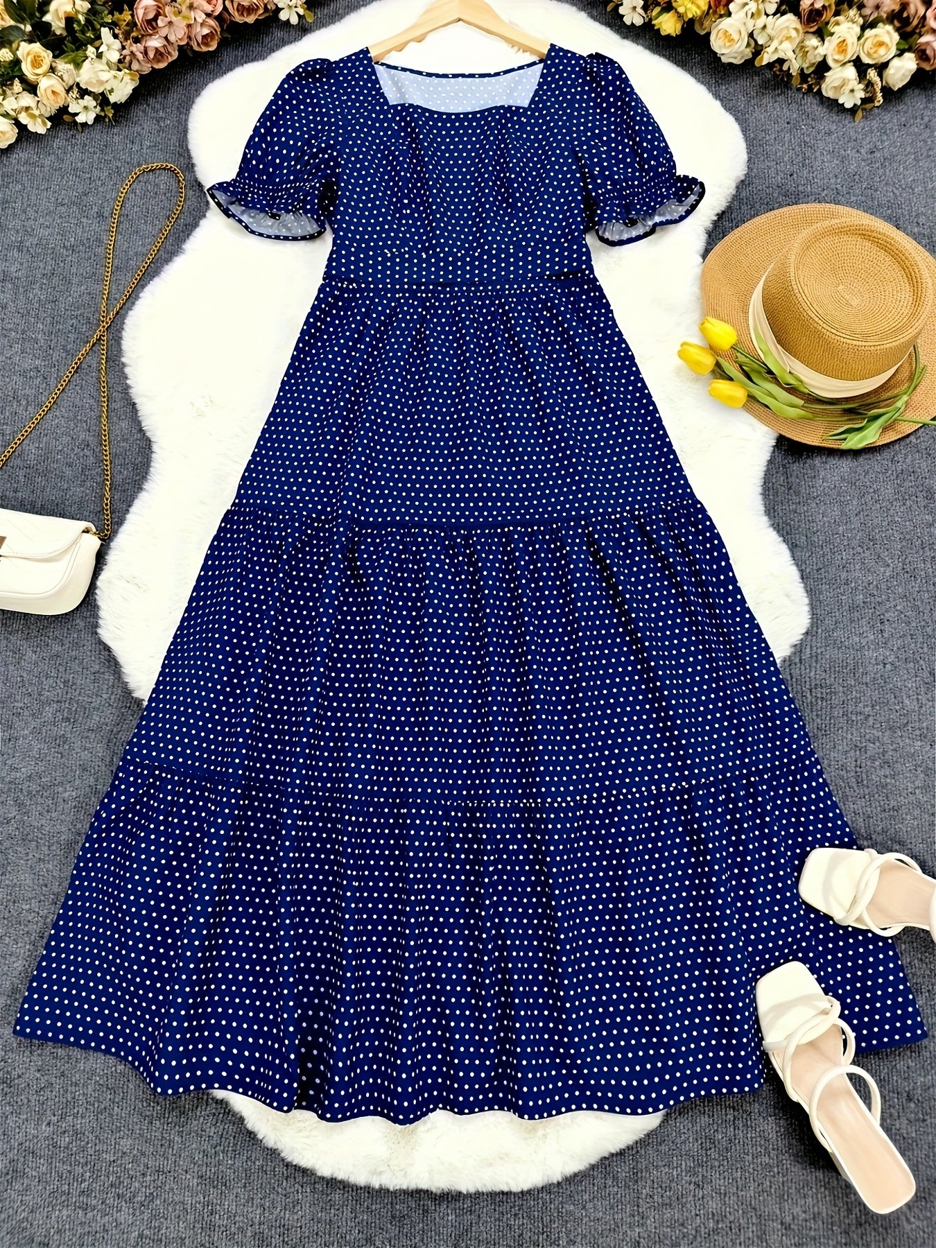 Women's Navy Blue & White Polka Dot Puff Sleeve A-Line Dress ./MH