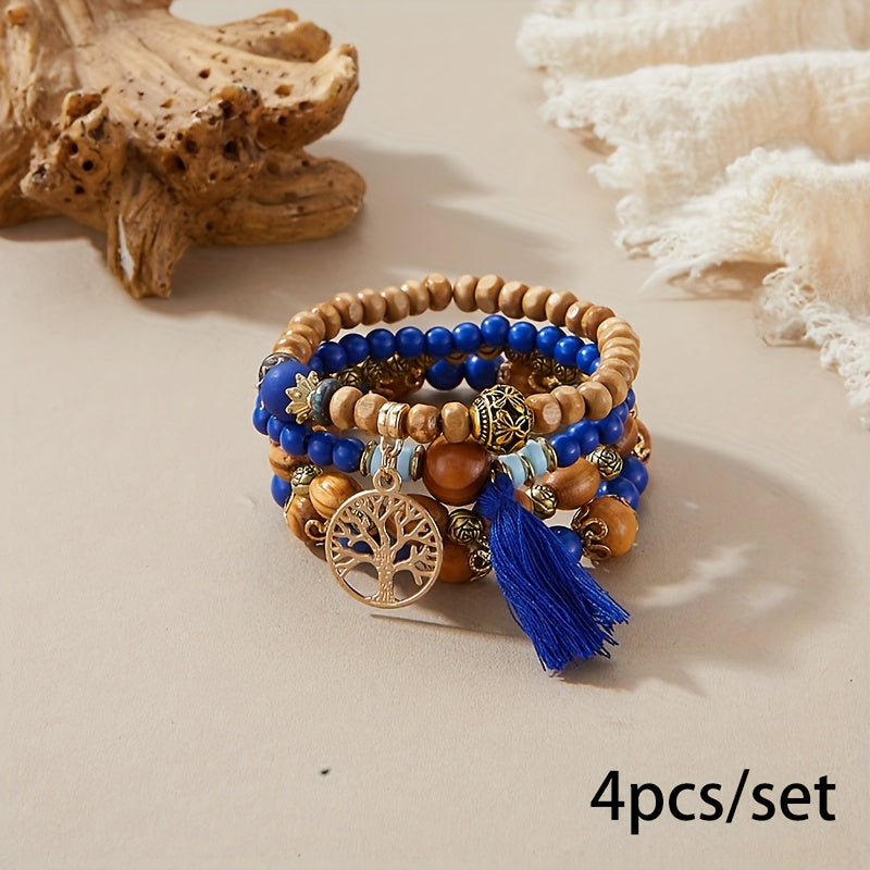4pcs/set Tree Of Life Pendant Multilayer Beaded Bracelet Round Bead Wooden Bead Bracelet Bohemian Ethnic Jewelry Accessories Handmade -A Stylish Accessory, Father's Day Gift