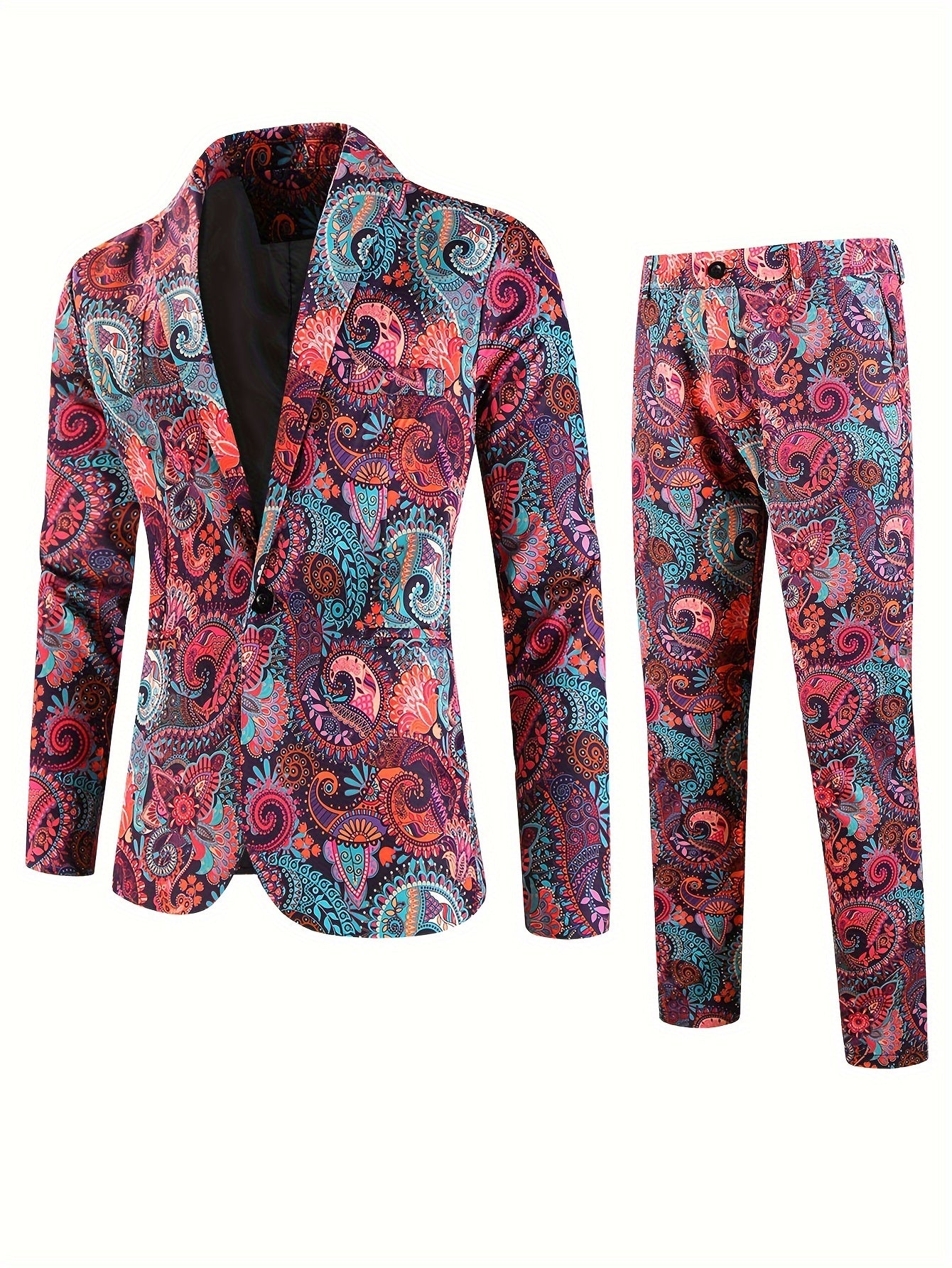 2pcs Men's Fashion Casual Suit Set, 3D Vibrant Paisley Print Blazer.
