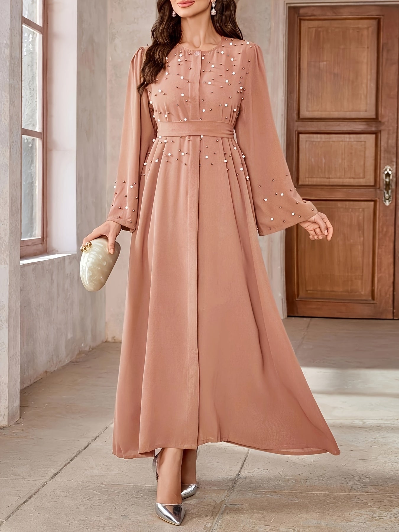 Elegant Navy Blue Abaya with Pearl Embellishments and Belt -/MH