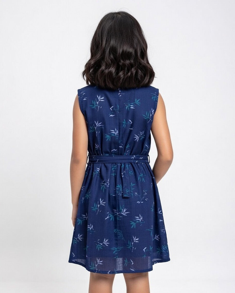 Girls Navy Blue Bamboo Print Sleeveless Dress with Belt | MH Kids Summer Casual Dress Age(2-12Years)