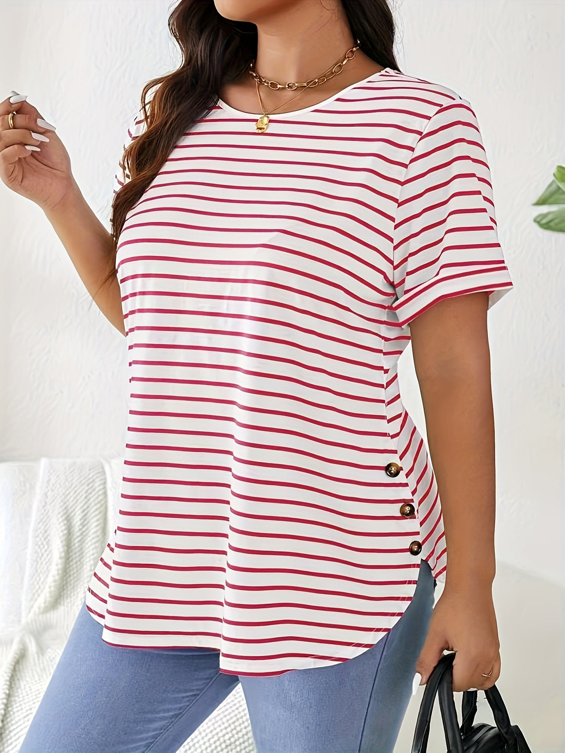 [Elegant T-Shirt] Elegant Striped Women's Plus Size T-Shirt /MH