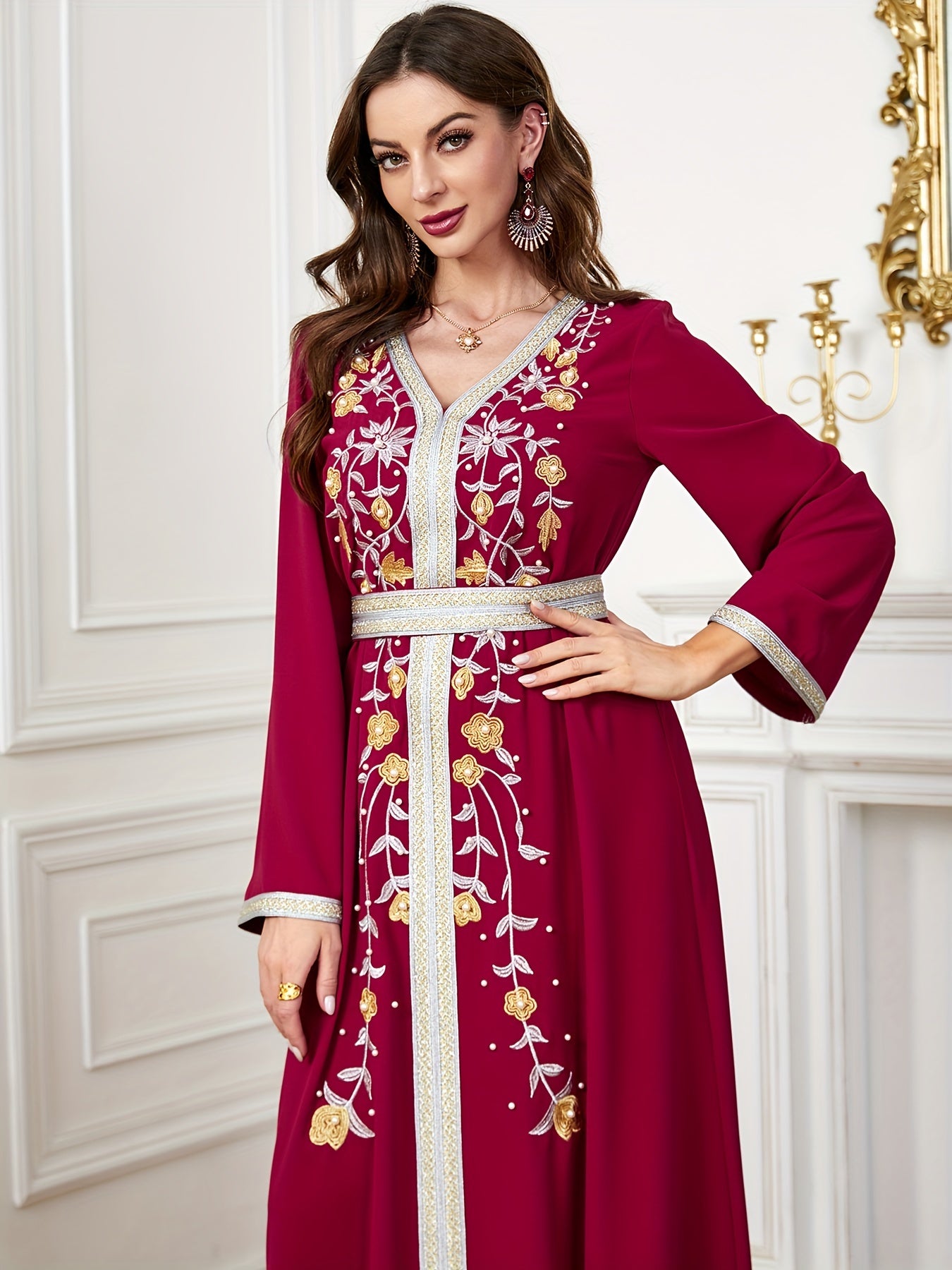 Ramadan Beaded Floral Pattern Kaftan, Elegant Long Sleeve 'MH