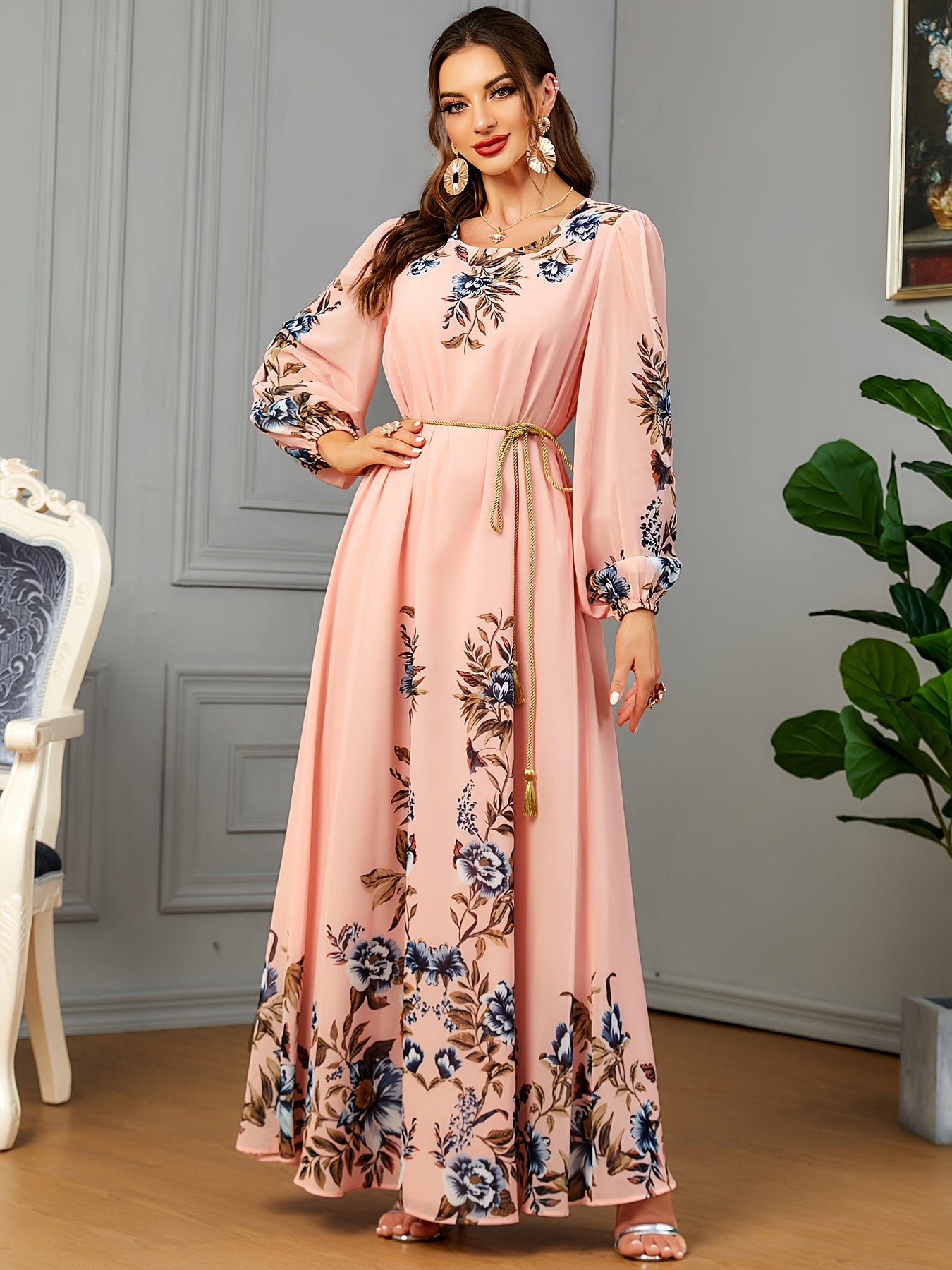 Floral Print Long Sleeve Kaftan Dress, women fashion'/MH