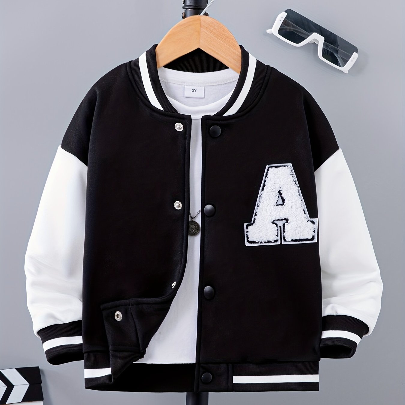Letter Patched Kid's Baseball Jacket, Button Front Long Sleeve Top,